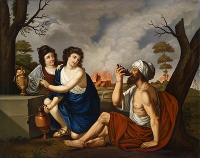 Lot y sus hijas, con Gomorra ardiendo en el fondo de Josef Worlicek